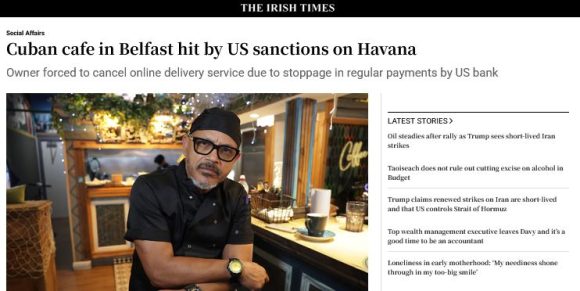 Alcance extraterritorial del bloqueo de EEUU impacta en un pequeño café cubano en Belfast